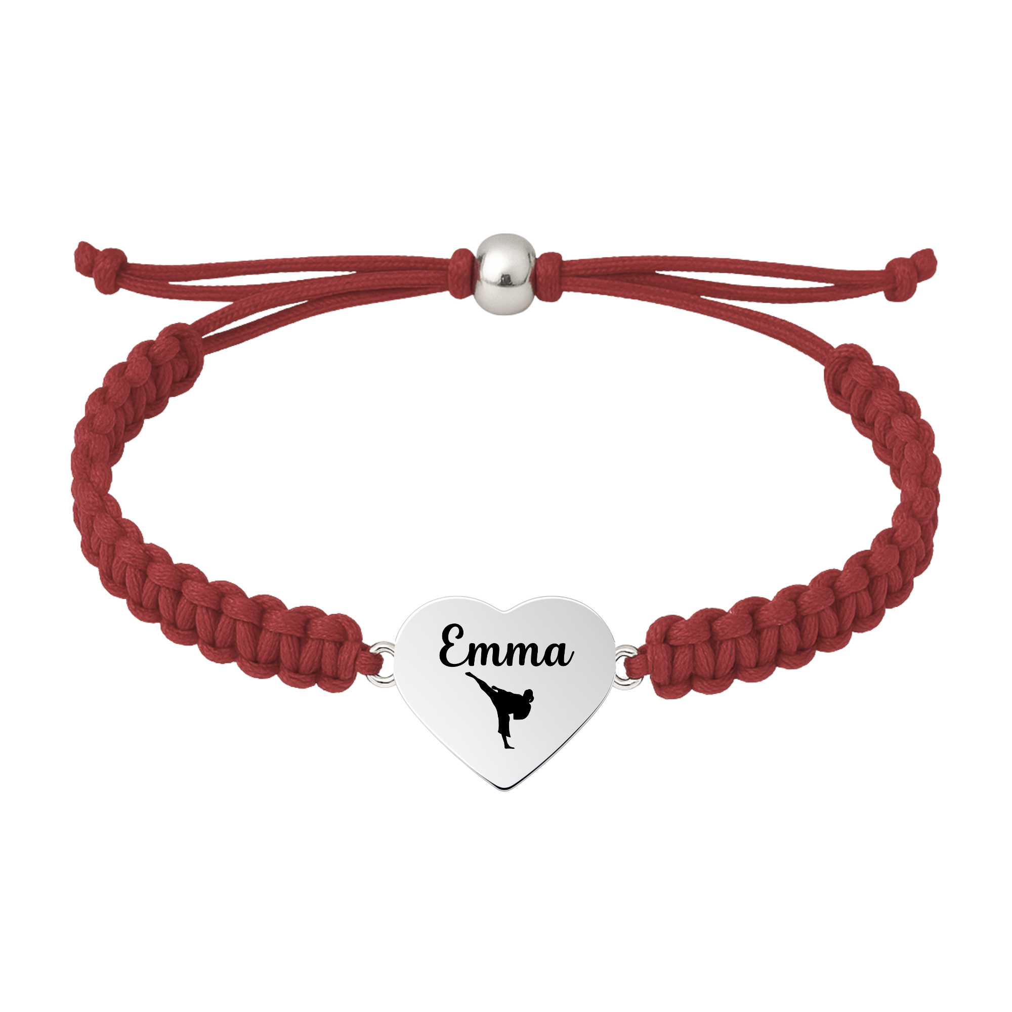 Dark red maroon braided bracelet with stainless steel heart charm engraved for martial arts