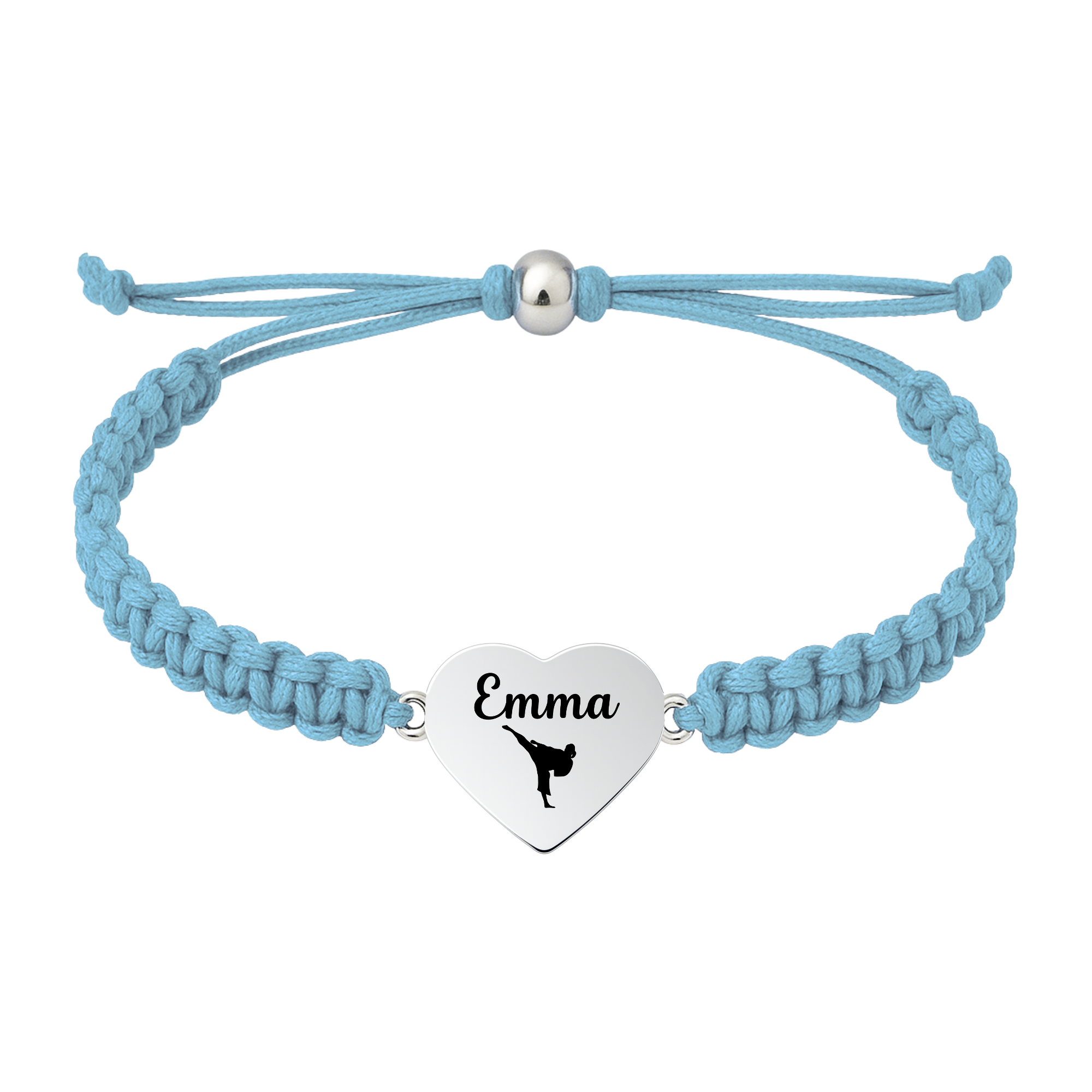 Light blue bracelet with engraved stainless steel heart featuring martial arts belt icon