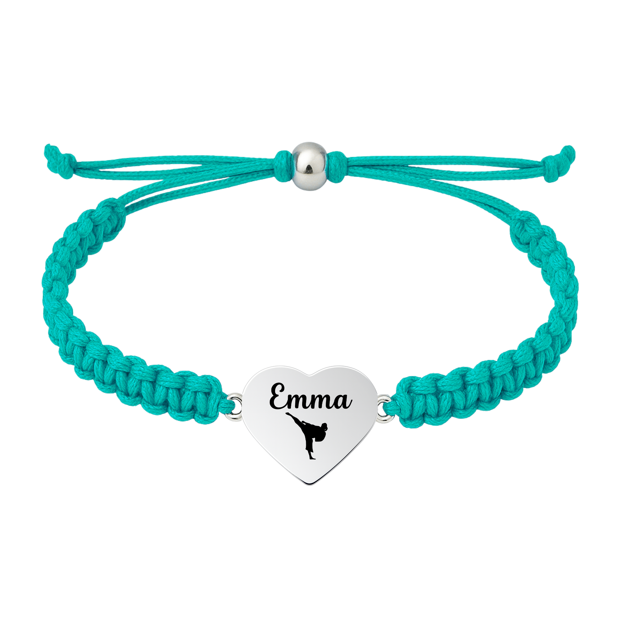 Light teal bracelet with engraved stainless steel heart featuring martial arts belt icon