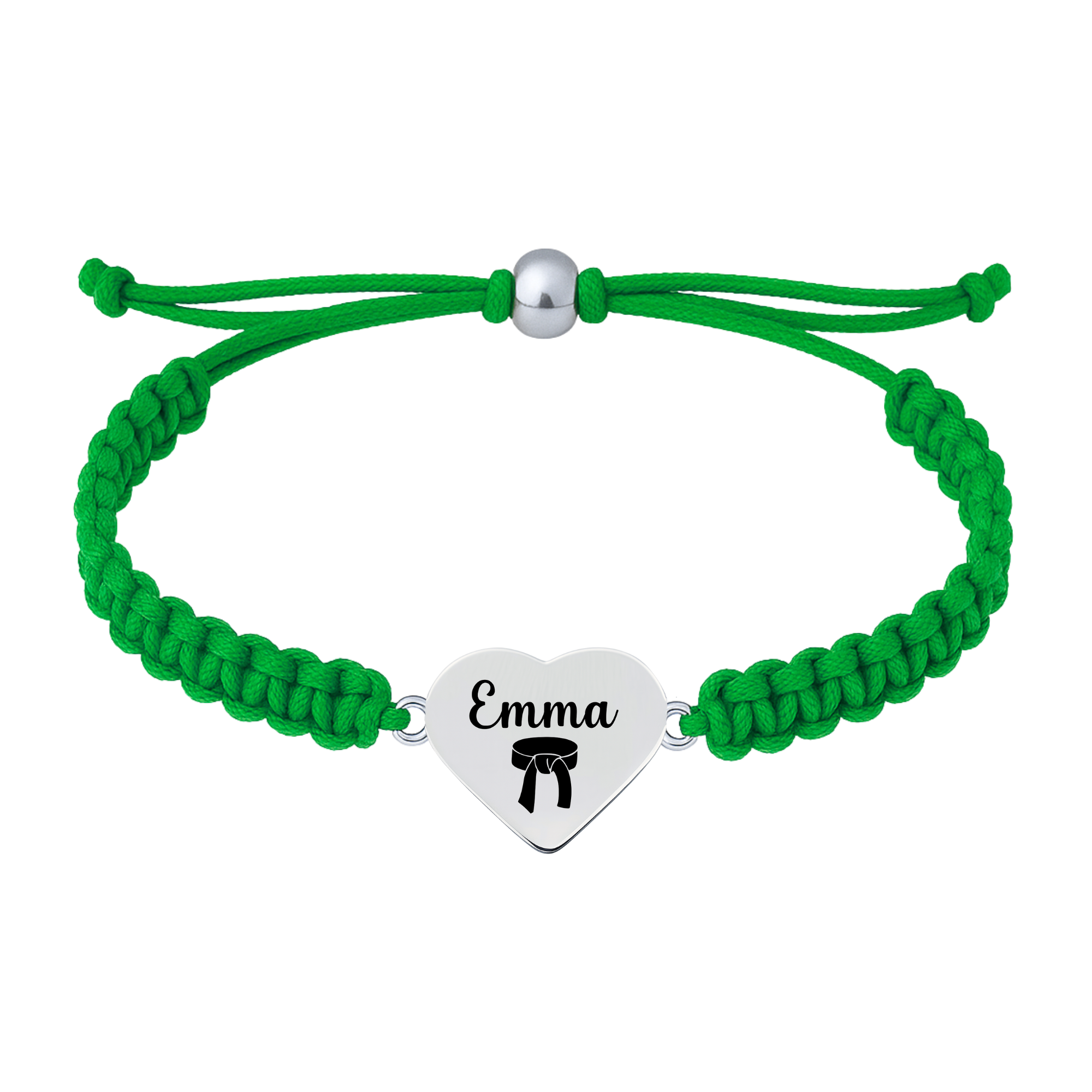 Green bracelet with adjustable cord and martial arts heart charm engraved