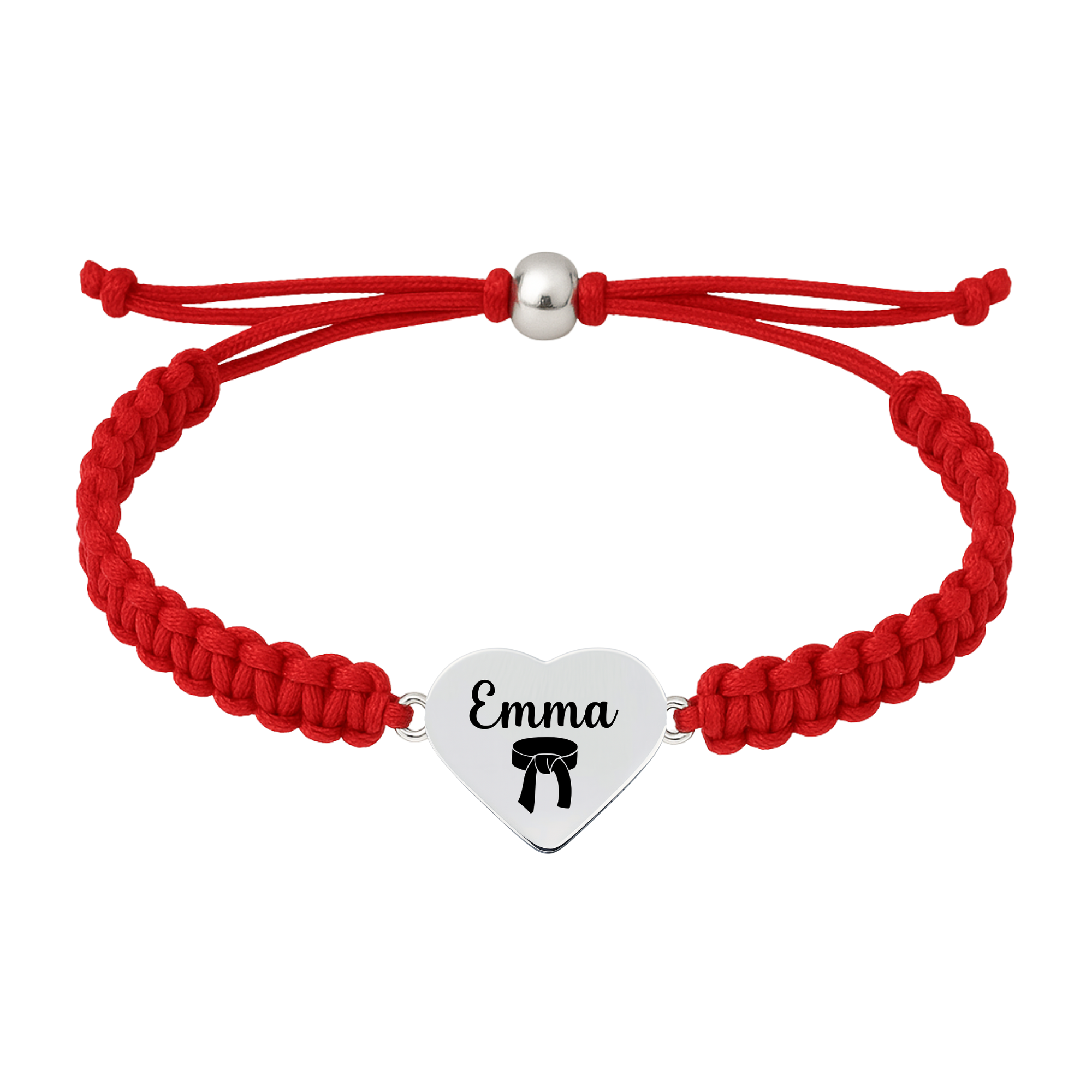 red bracelet with stainless steel martial arts engraved charm
