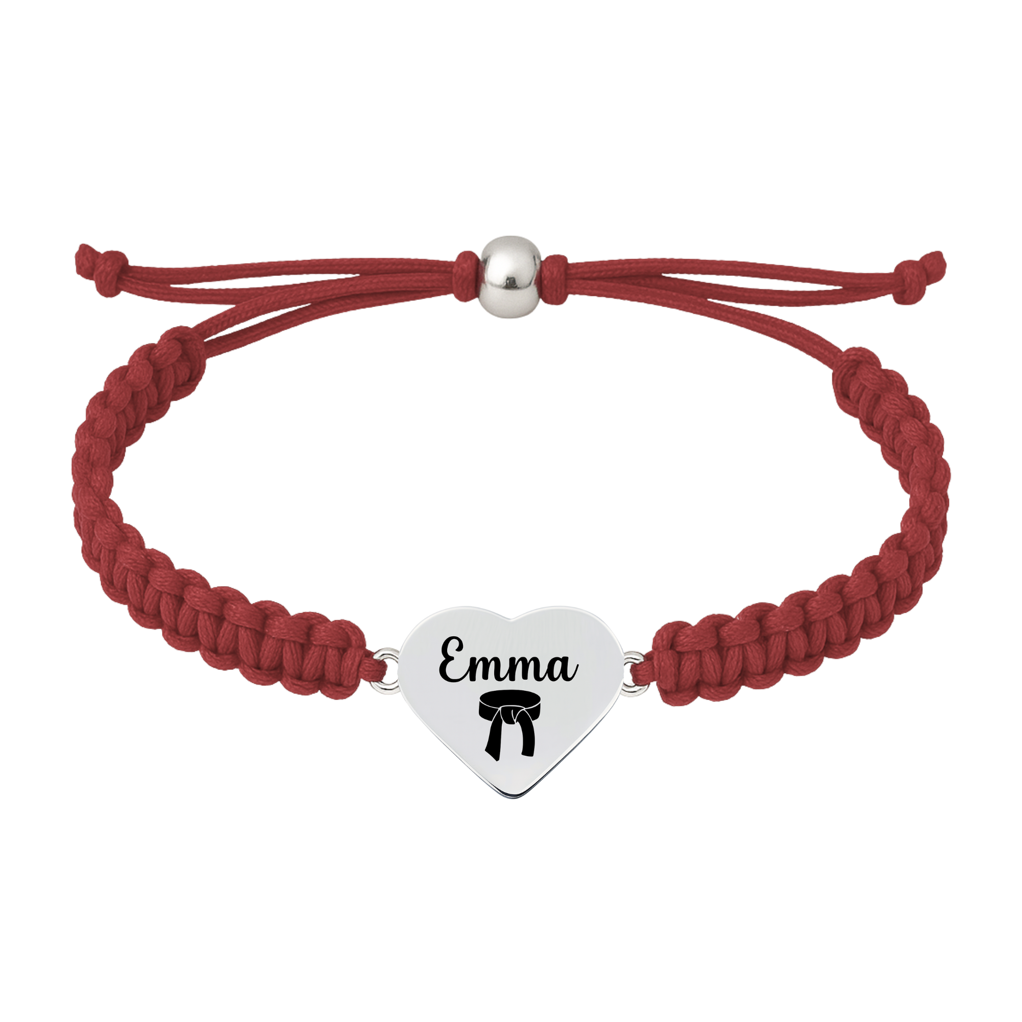 Deep red maroon bracelet with engraved heart charm, martial arts belt design