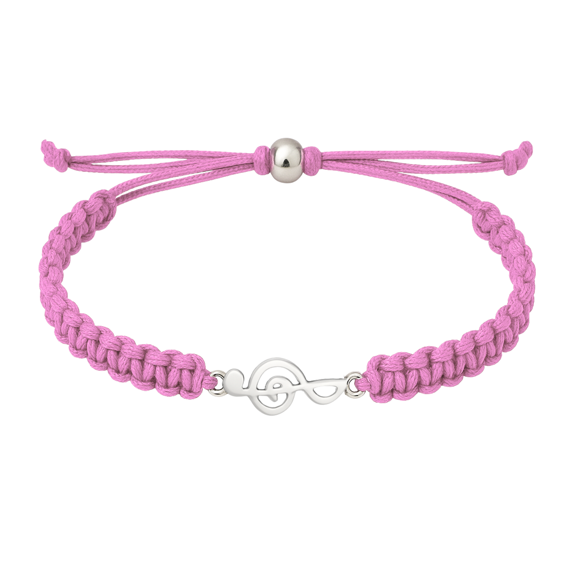 Pink braided rope bracelet with silver treble clef charm and adjustable clasp