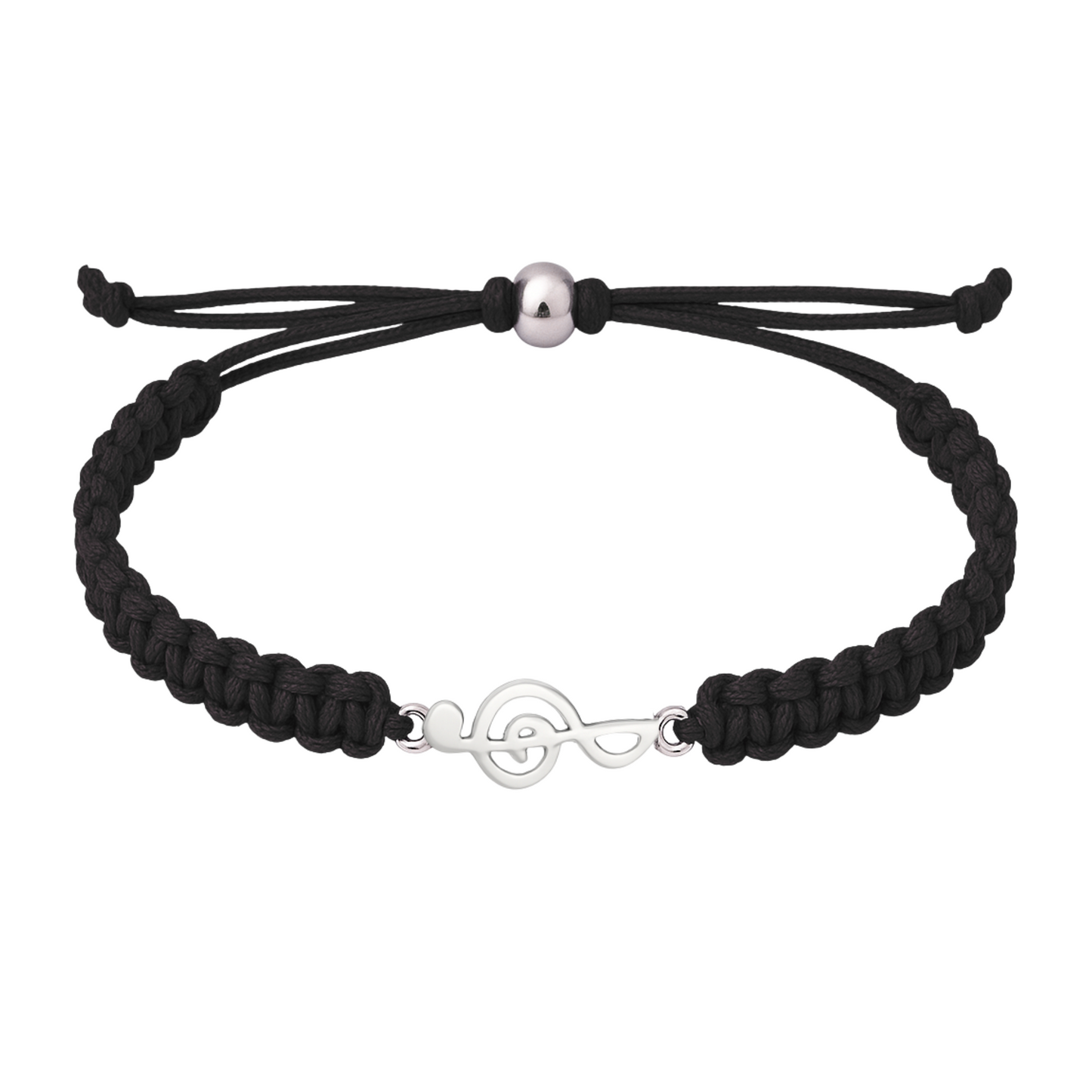 Black rope bracelet featuring a silver music note charm with a secure slip-knot closure