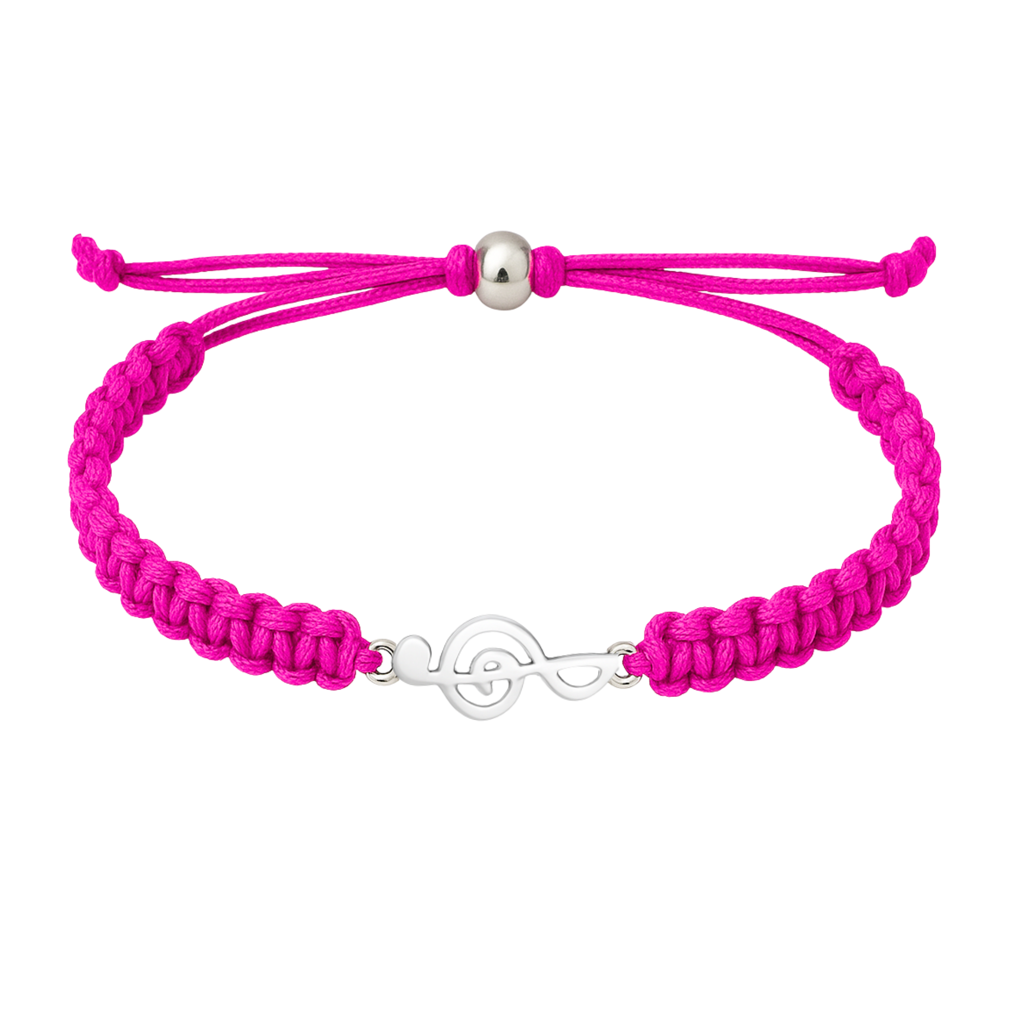 Hot pink braided bracelet featuring a treble clef charm in shiny silver