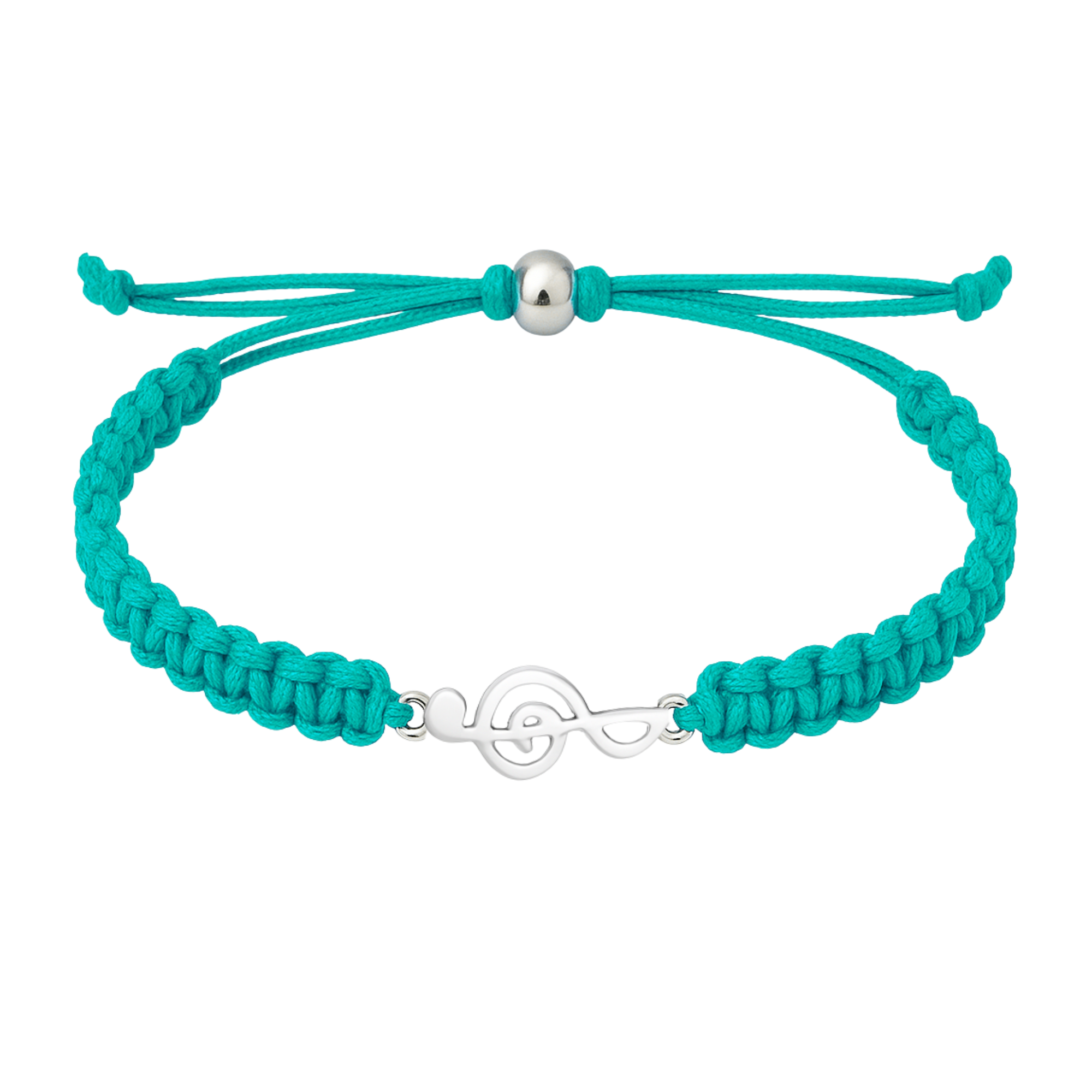 Teal blue rope bracelet with silver music note charm and adjustable ends