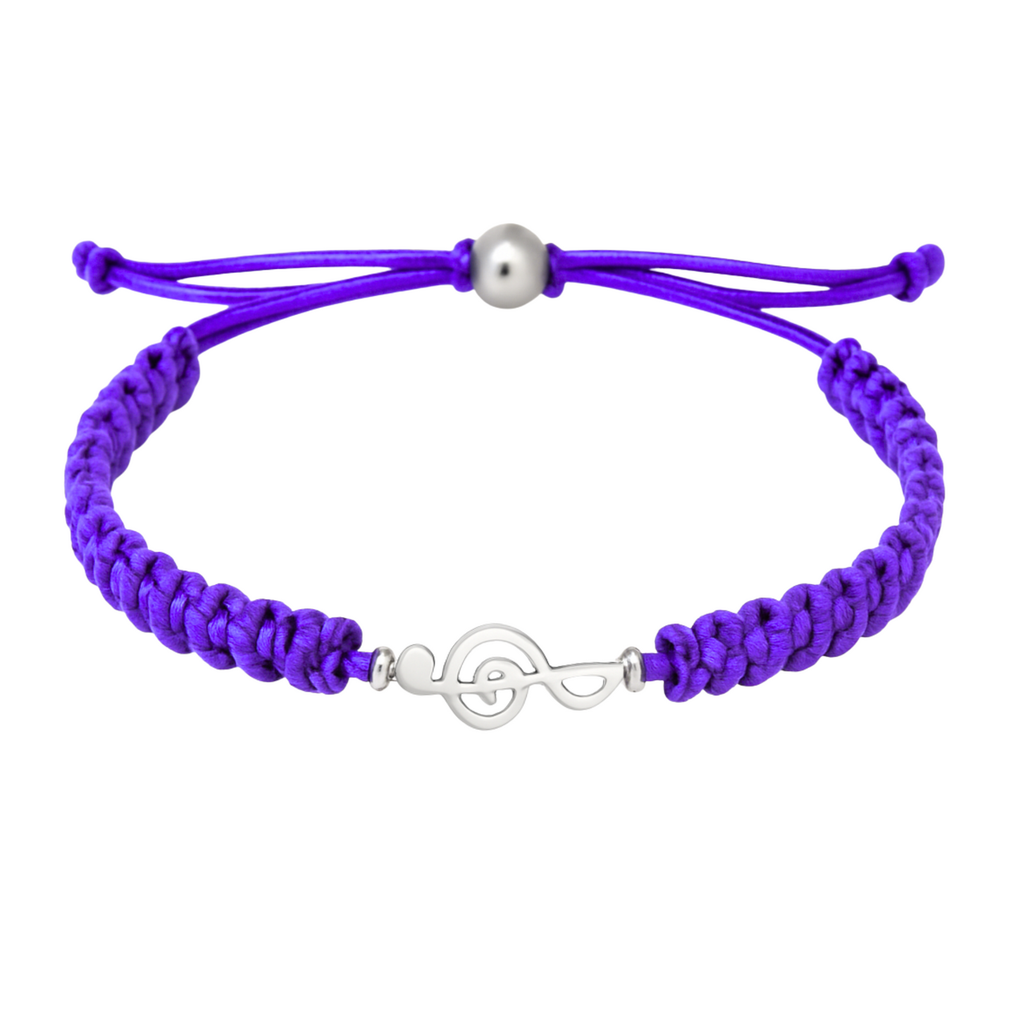 Purple braided bracelet featuring a polished silver treble clef charm