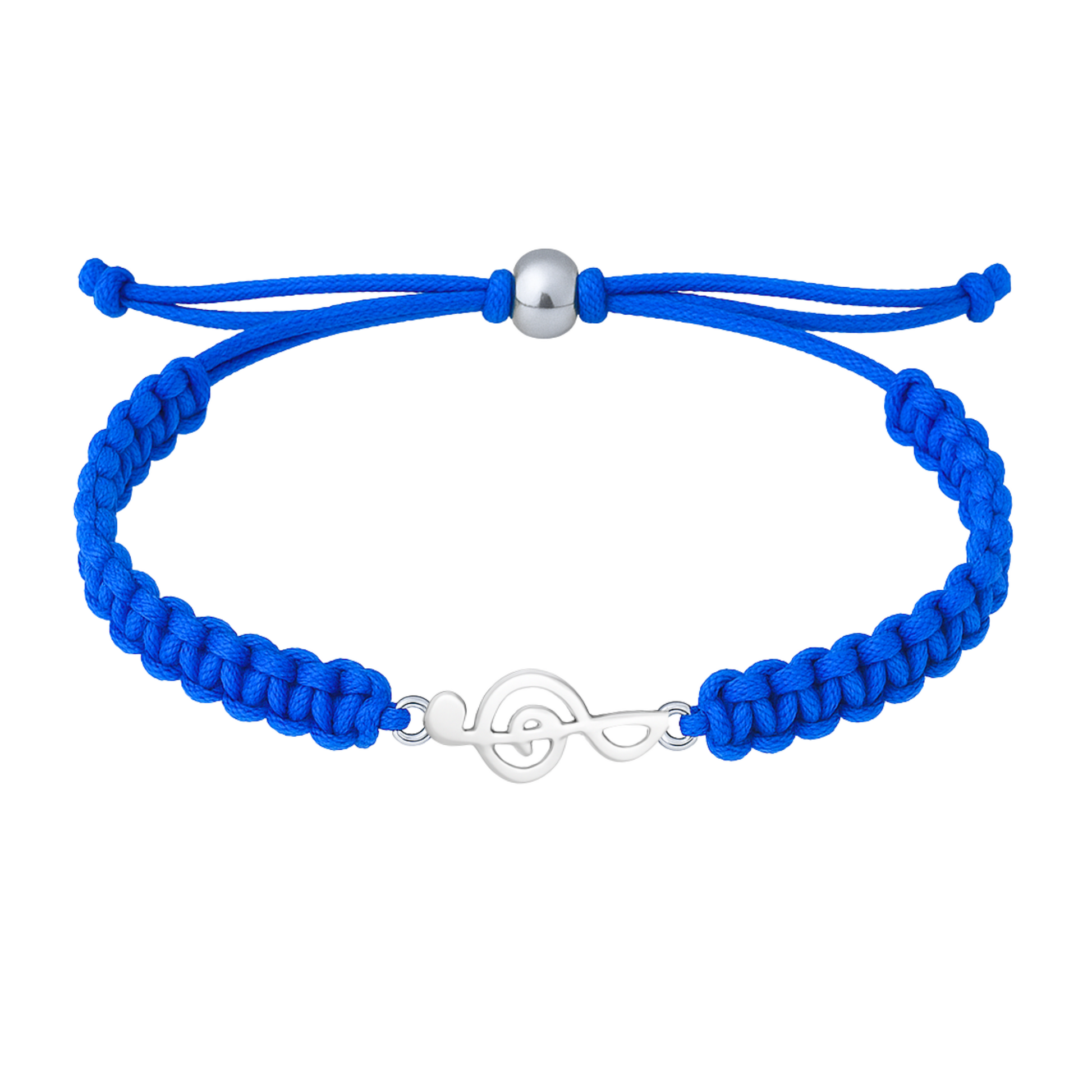 Royal blue braided bracelet with silver treble clef charm and slip-knot design