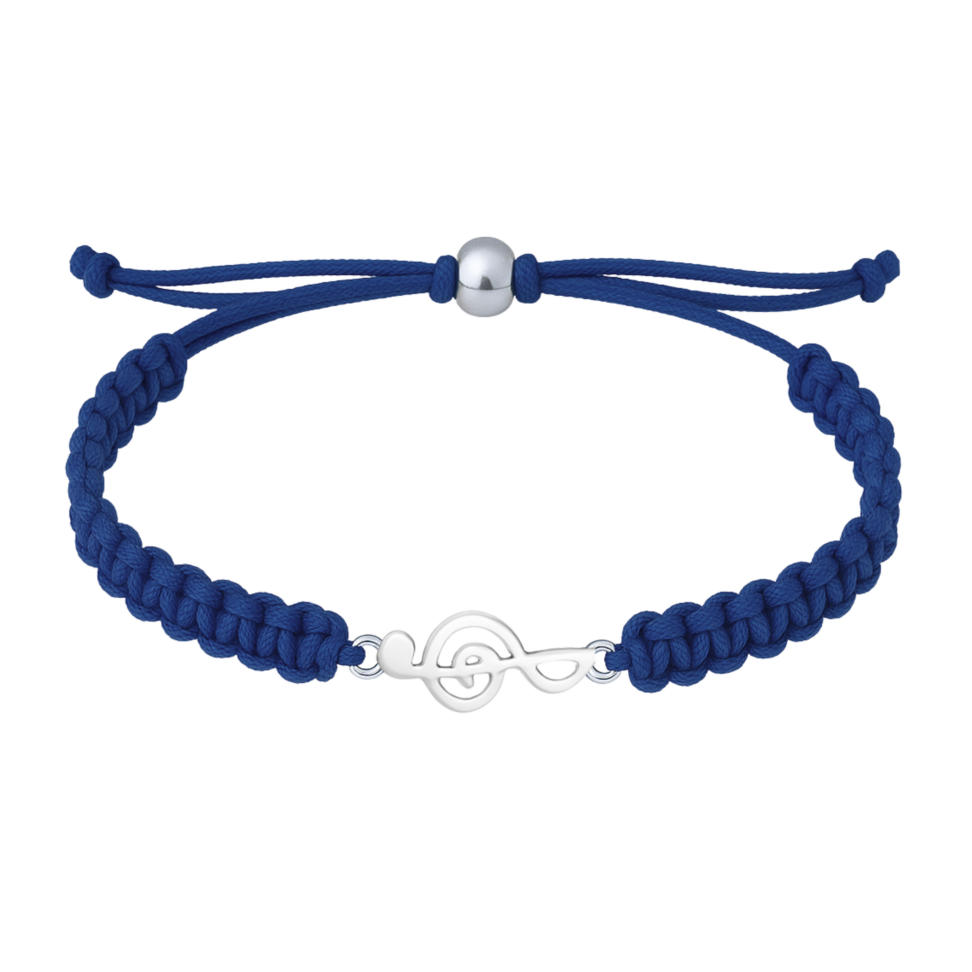 Navy blue rope bracelet with a silver music note charm and adjustable fit