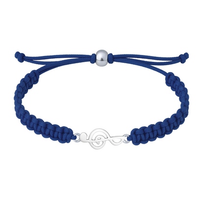 Navy blue rope bracelet with a silver music note charm and adjustable fit