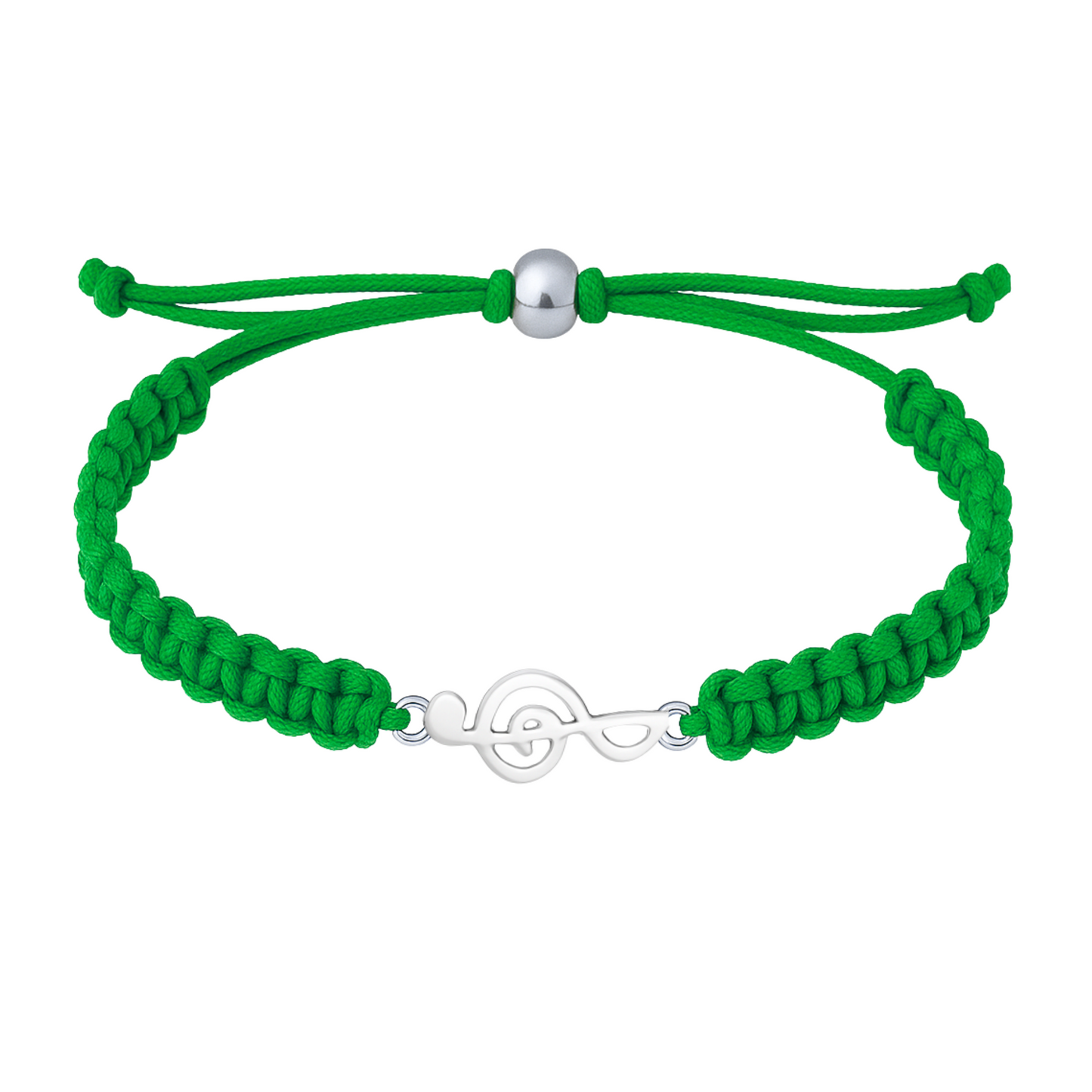 Green braided bracelet featuring a silver-tone treble clef charm and sliding closure