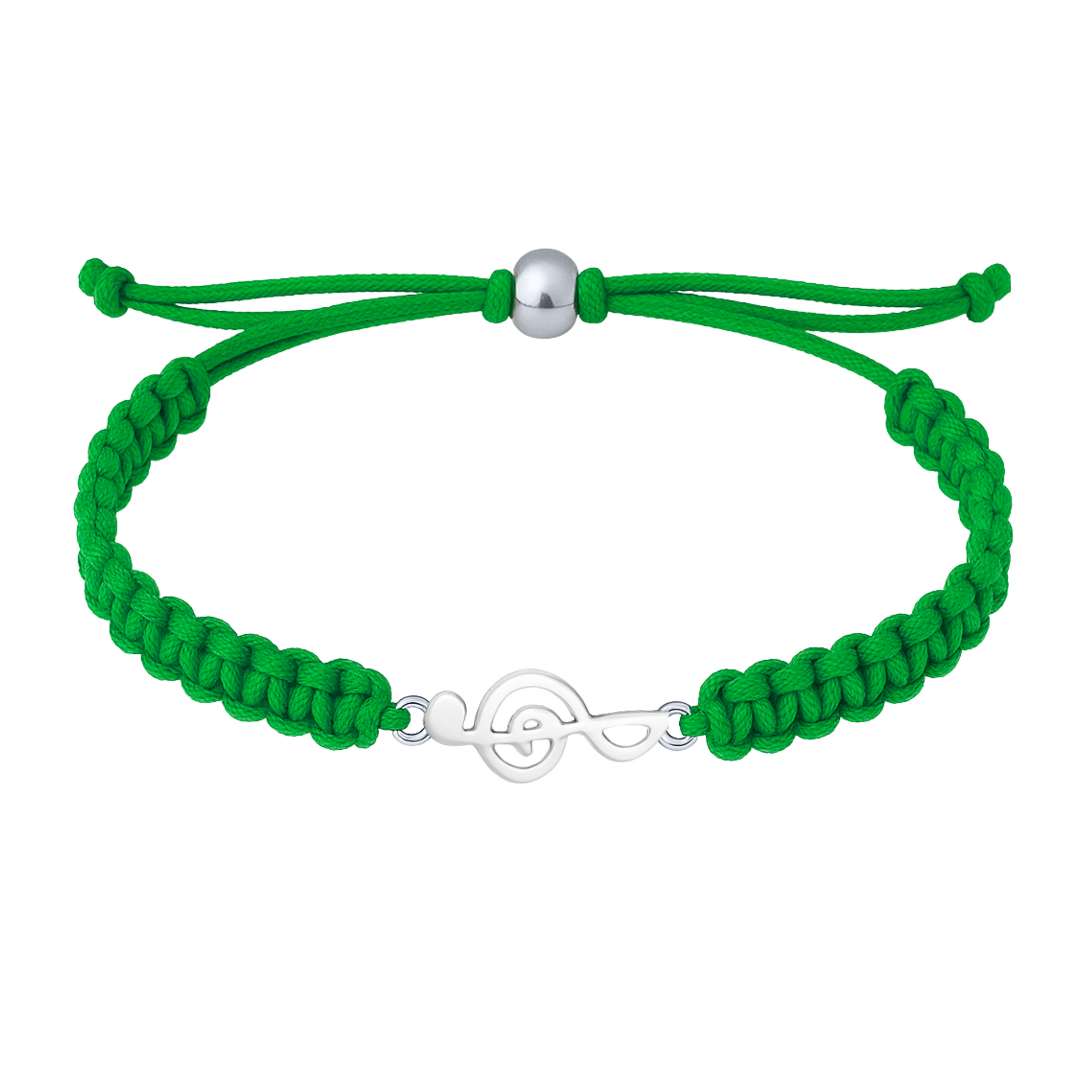 Green braided bracelet featuring a silver-tone treble clef charm and sliding closure