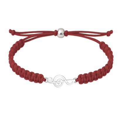 Maroon rope bracelet with polished silver music note charm for musicians