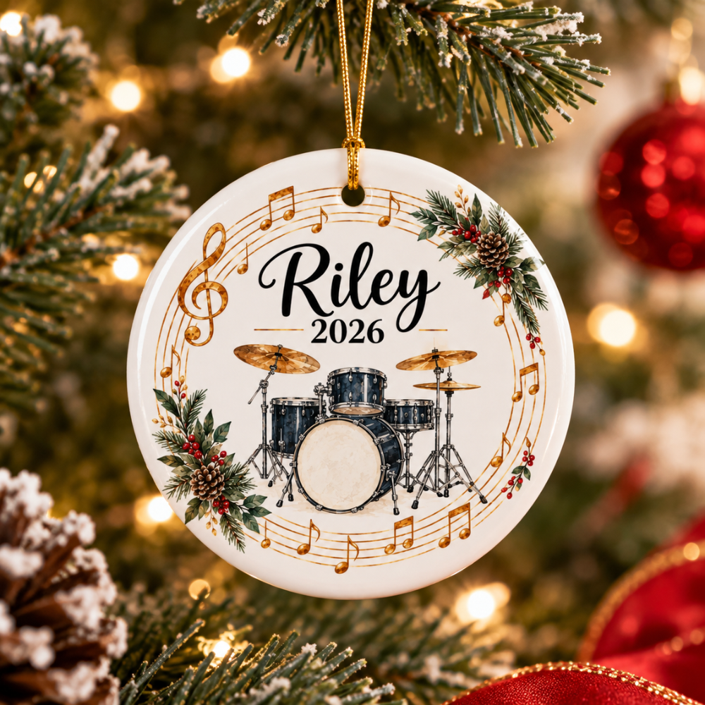 Personalized Drum Ornament 2026, Drummer Christmas Ornament, Custom Name Drum Set Gift, Percussionist Band Student Musician Ornament