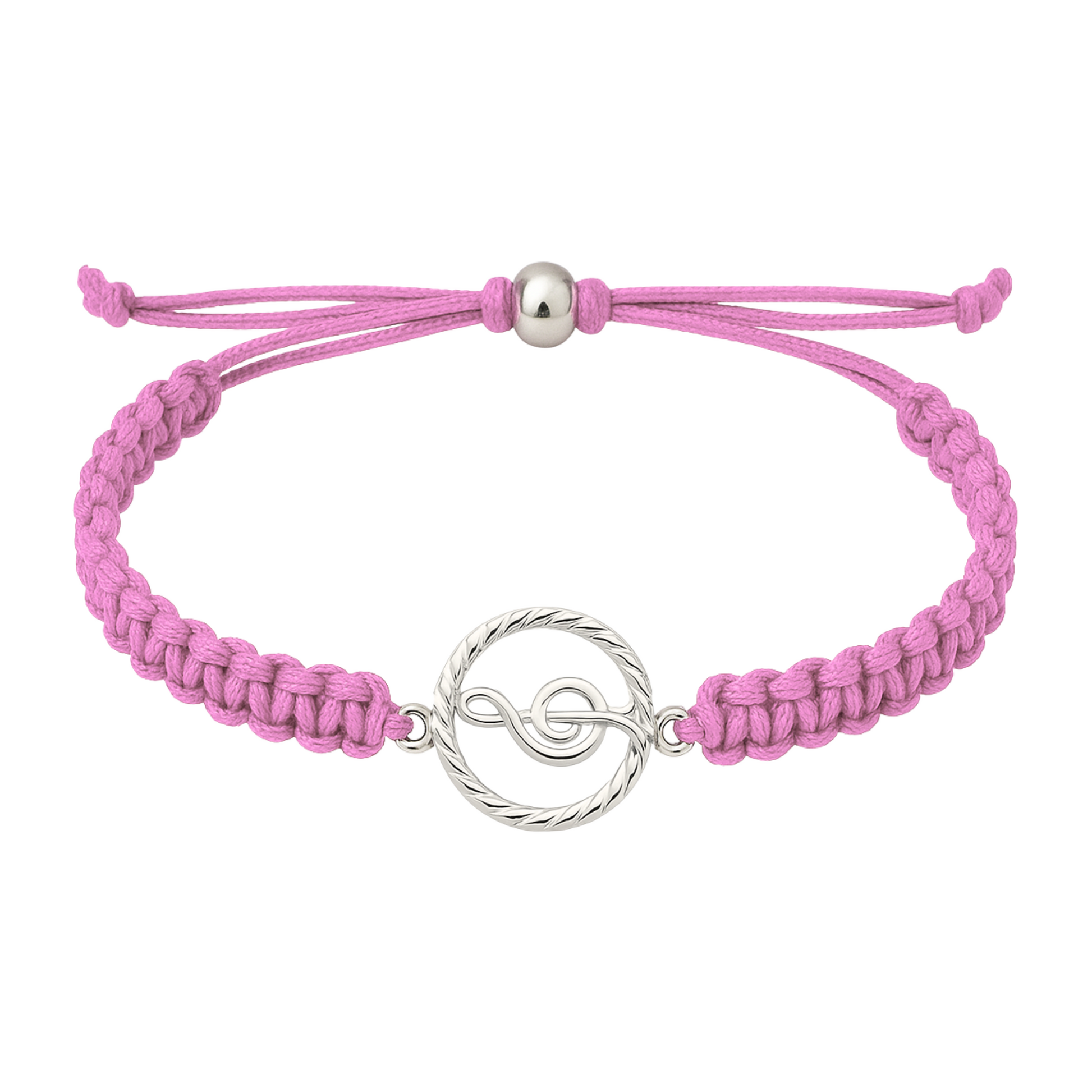 Soft pink music rope bracelet with treble clef charm, stylish adjustable cord design.