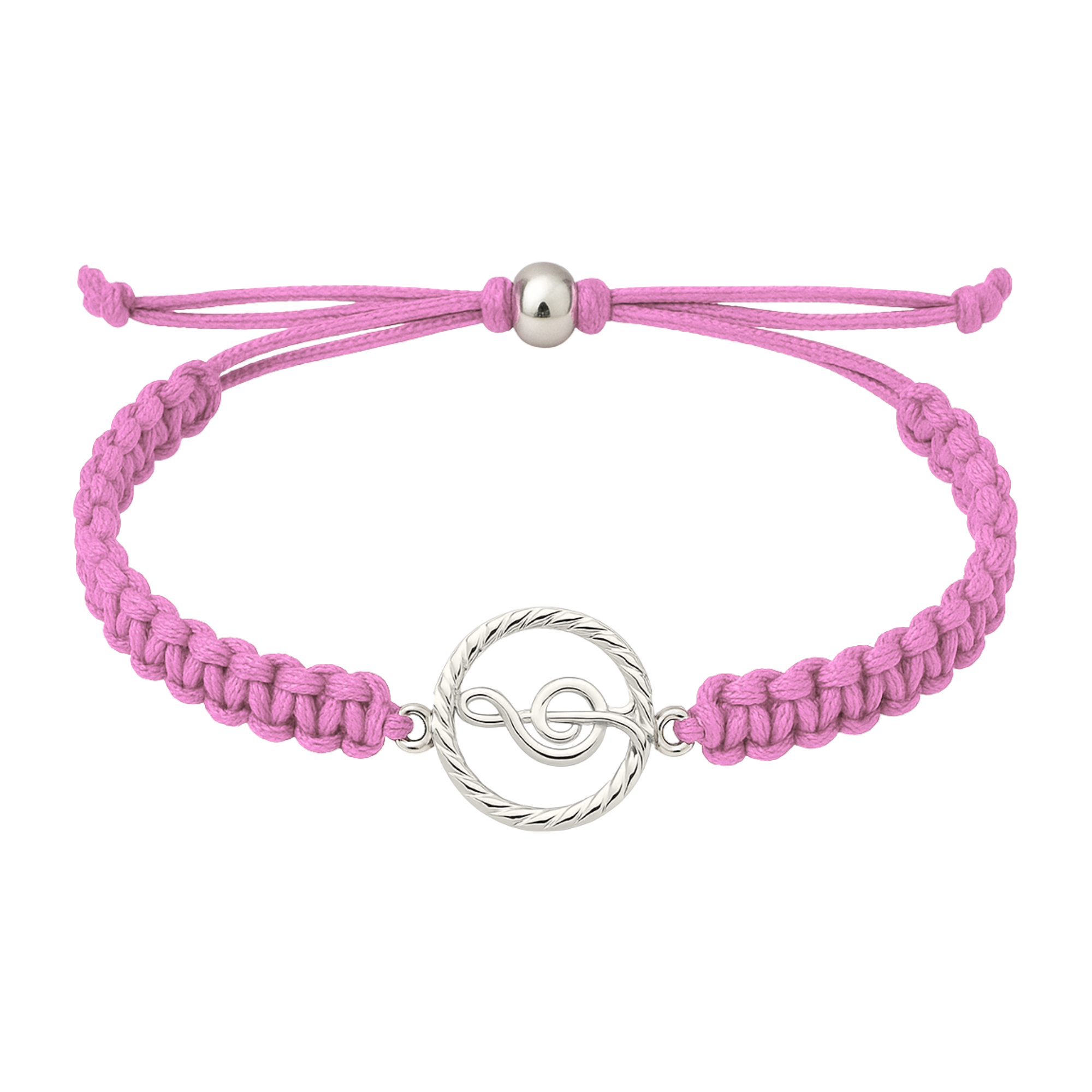 Soft pink music rope bracelet with treble clef charm, stylish adjustable cord design.
