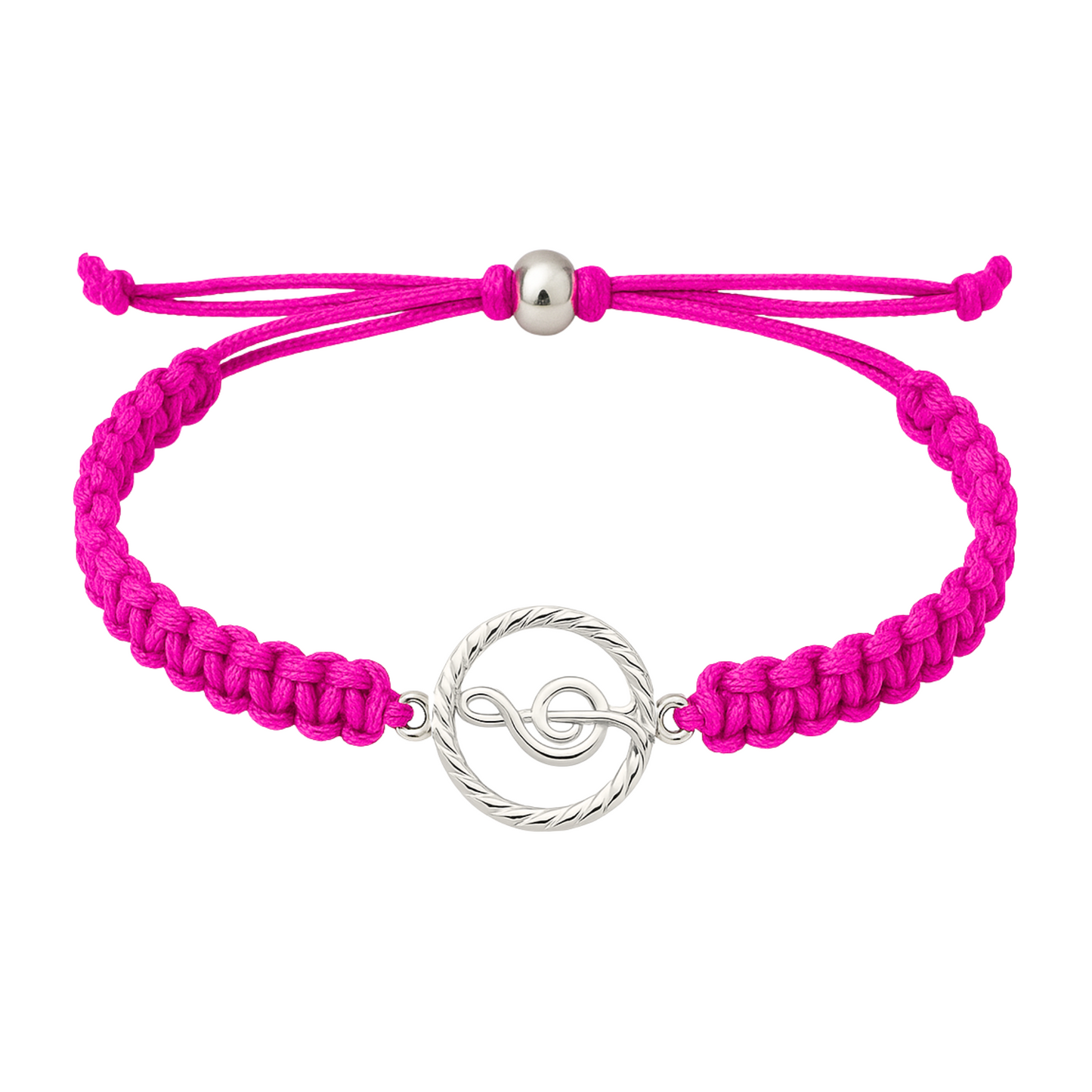 Adjustable pink music rope bracelet with silver treble clef charm for musicians and music lovers.