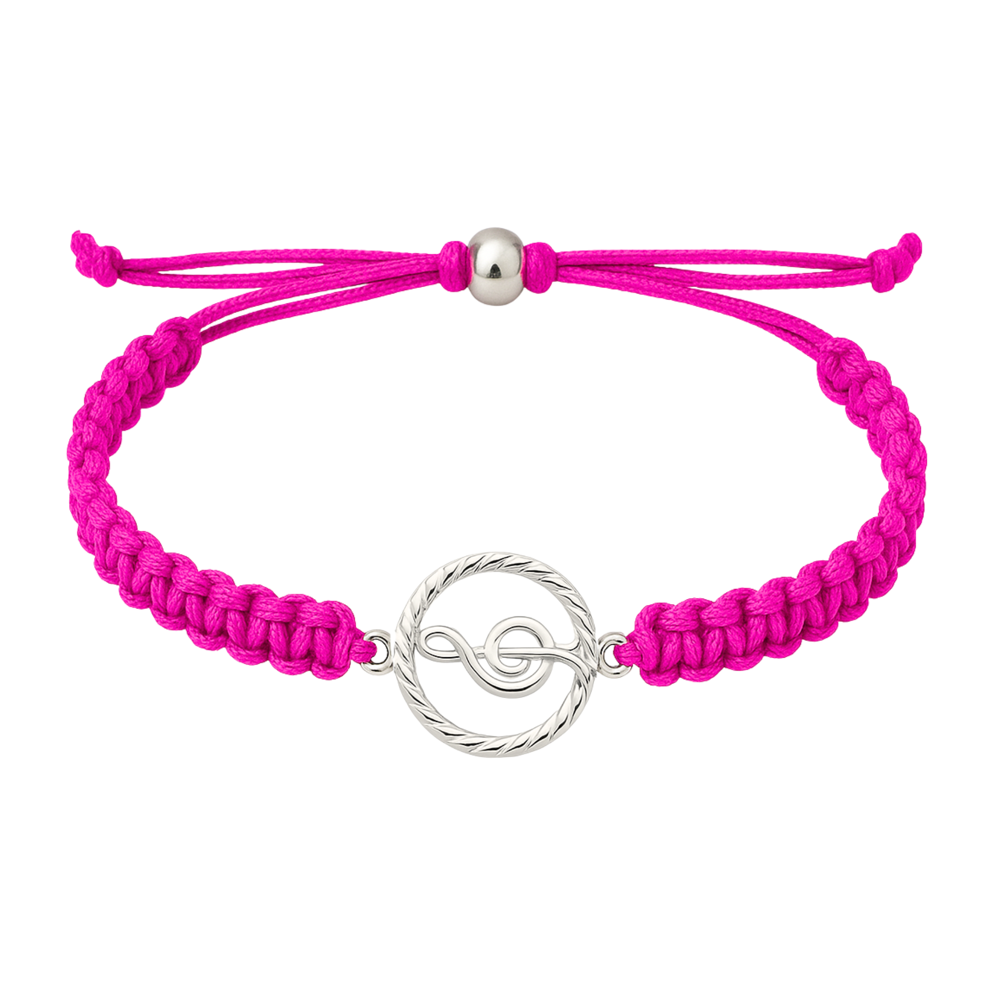 Adjustable pink music rope bracelet with silver treble clef charm for musicians and music lovers.