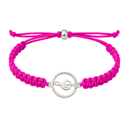 Adjustable pink music rope bracelet with silver treble clef charm for musicians and music lovers.