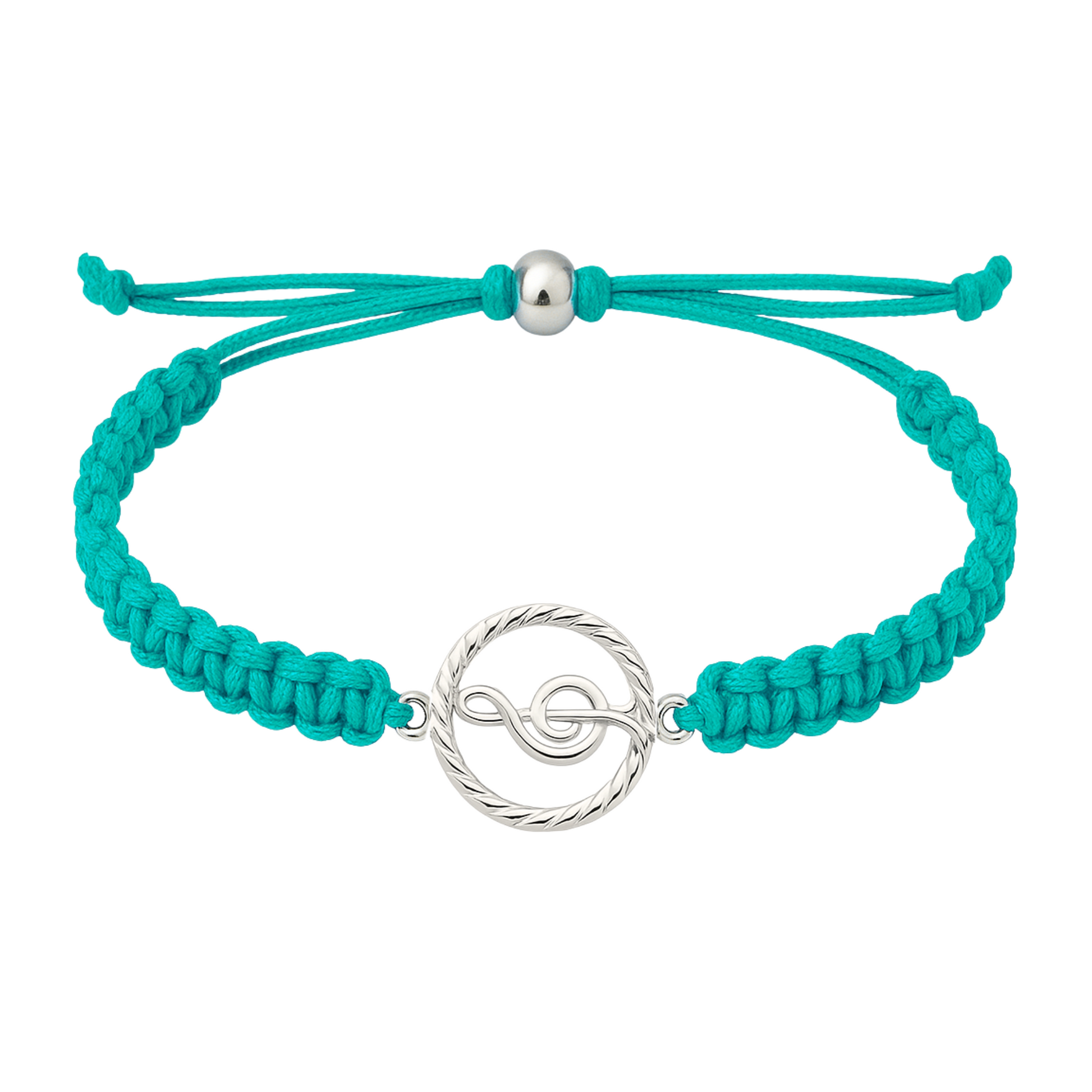 Turquoise music rope bracelet with silver treble clef charm, adjustable for all wrist sizes.