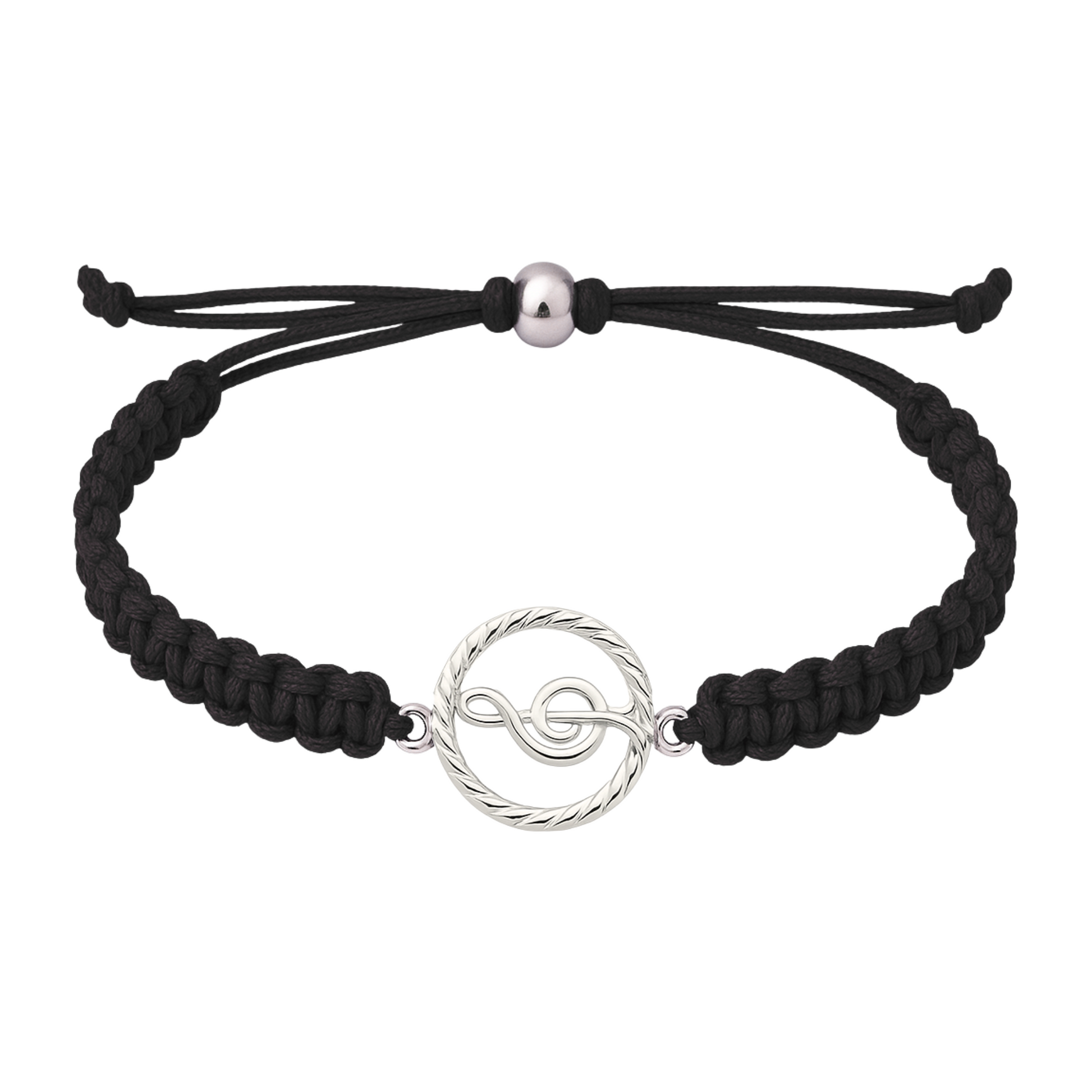Classic black rope bracelet with treble clef charm, perfect unisex music jewelry gift.