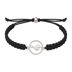 Classic black rope bracelet with treble clef charm, perfect unisex music jewelry gift.