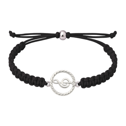 Classic black rope bracelet with treble clef charm, perfect unisex music jewelry gift.