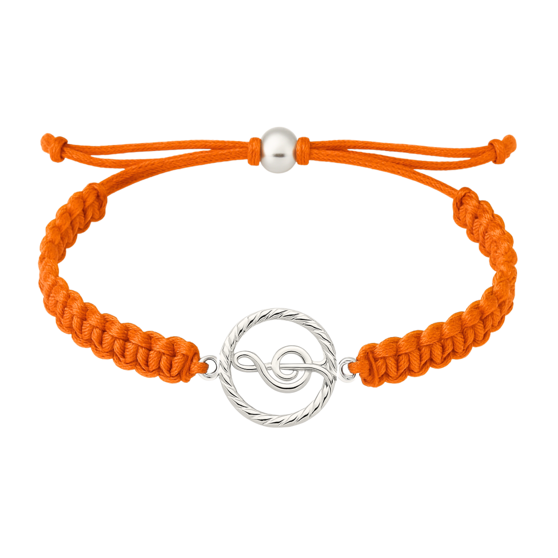Bright orange music rope bracelet with silver treble clef charm, durable and adjustable.