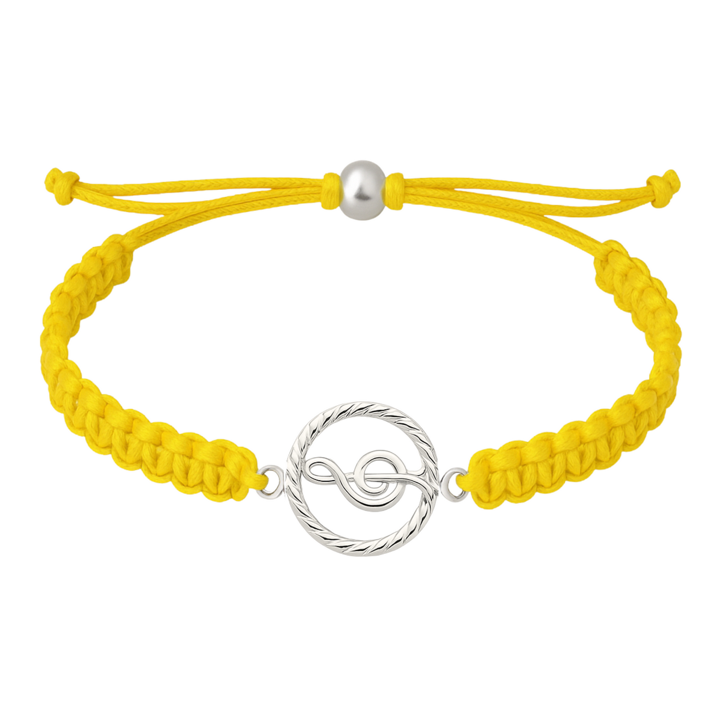 Vibrant yellow music rope bracelet with treble clef charm, adjustable slip knot fit.