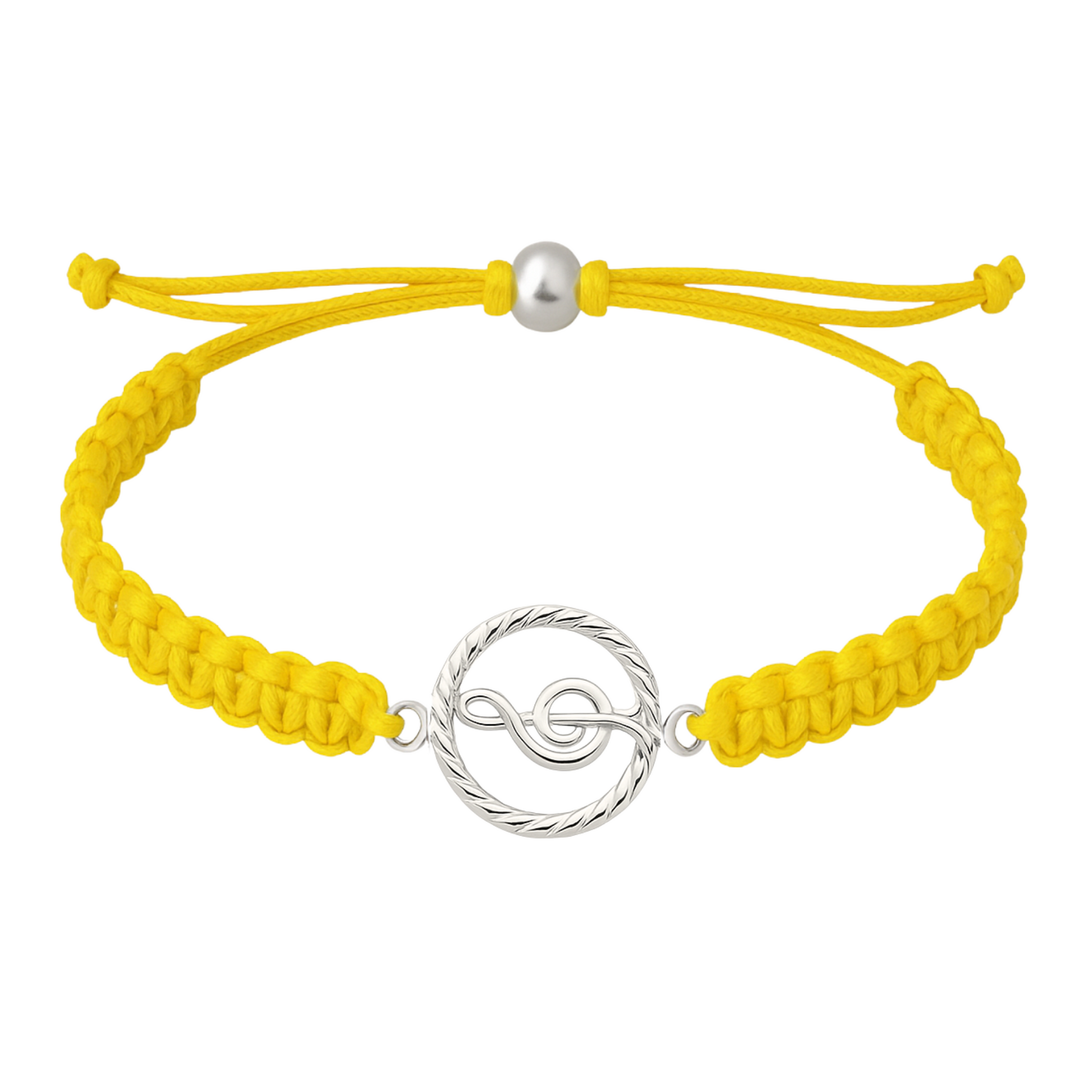 Vibrant yellow music rope bracelet with treble clef charm, adjustable slip knot fit.