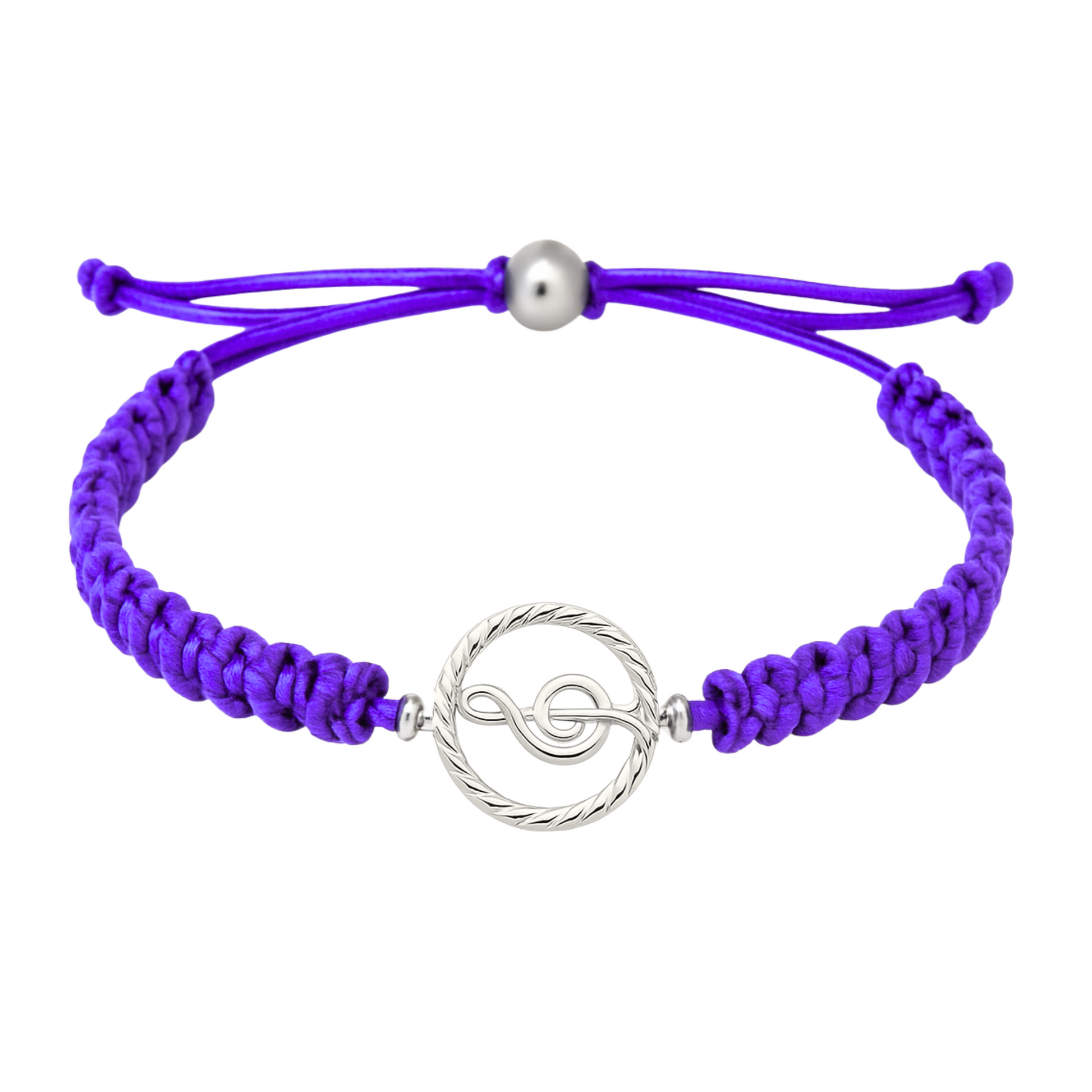 Purple braided rope bracelet with silver treble clef charm, ideal for musicians and fans.