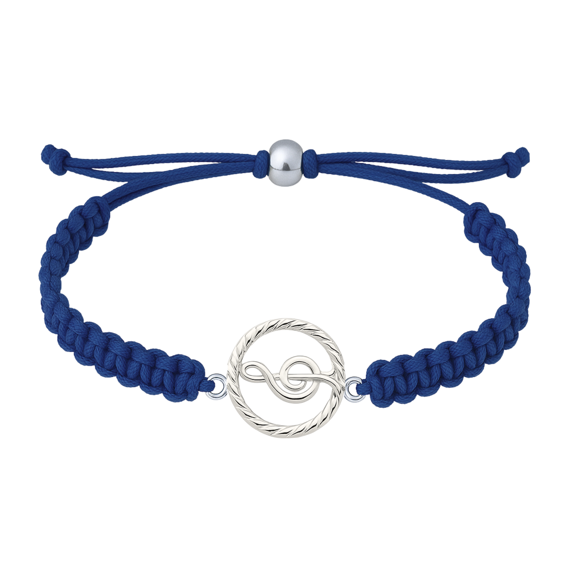 Navy blue braided music bracelet with silver treble clef charm and adjustable slip knot closure.