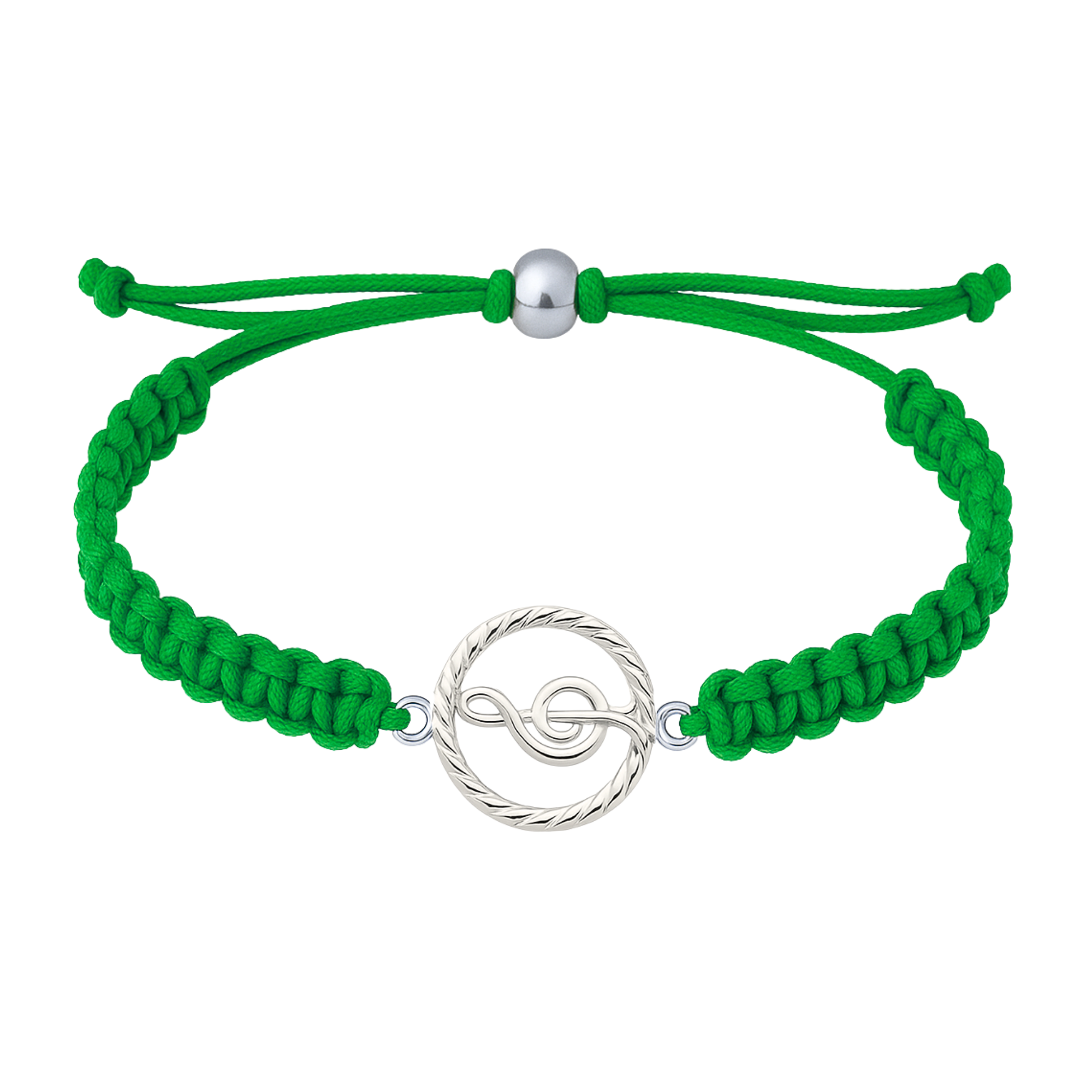 Bright green rope bracelet with treble clef charm for music lovers and performers.