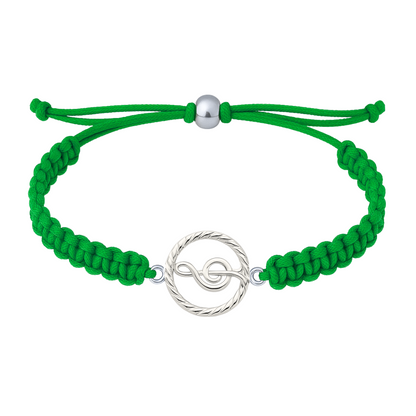 Bright green rope bracelet with treble clef charm for music lovers and performers.