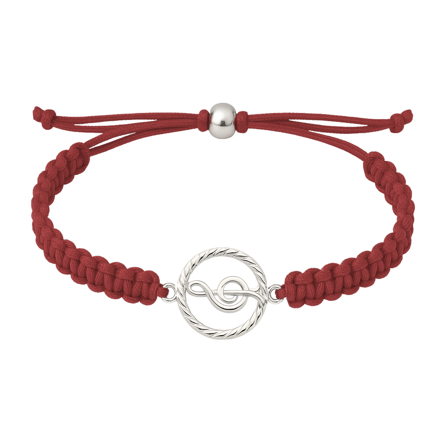Maroon rope bracelet with treble clef charm, adjustable slip knot for comfort.