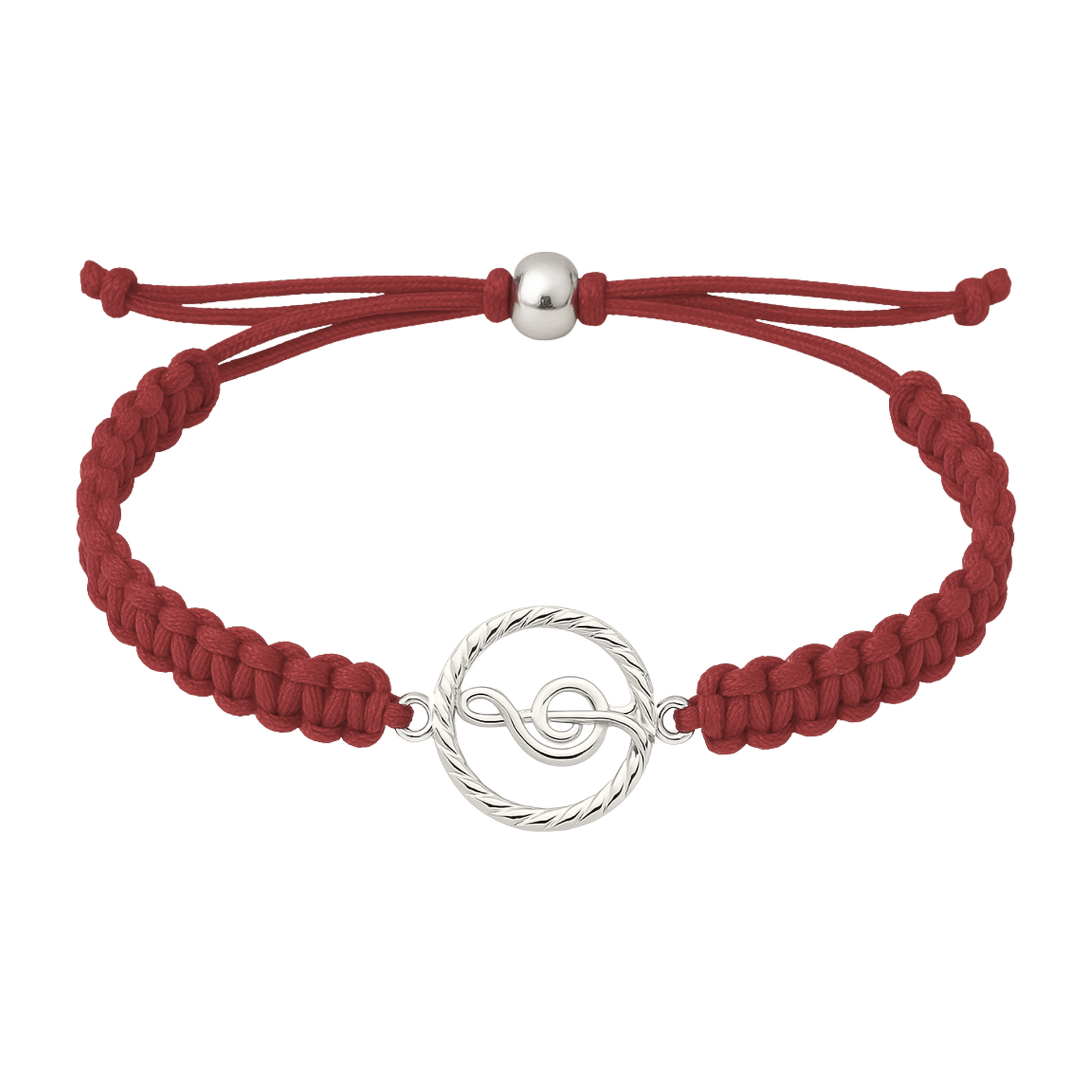 Maroon rope bracelet with treble clef charm, adjustable slip knot for comfort.