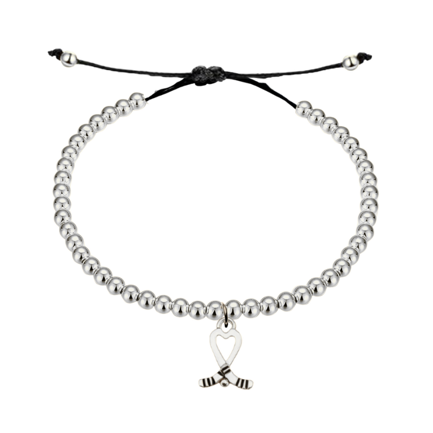 Ice Hockey Beaded Silver Hanging Charm Slider Bracelet