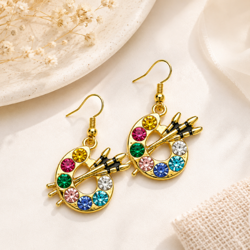Paint Palette Gold Dangle Charm Earrings