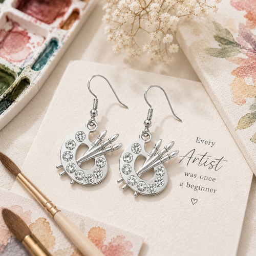 Paint Palette Silver Dangle Charm Earrings