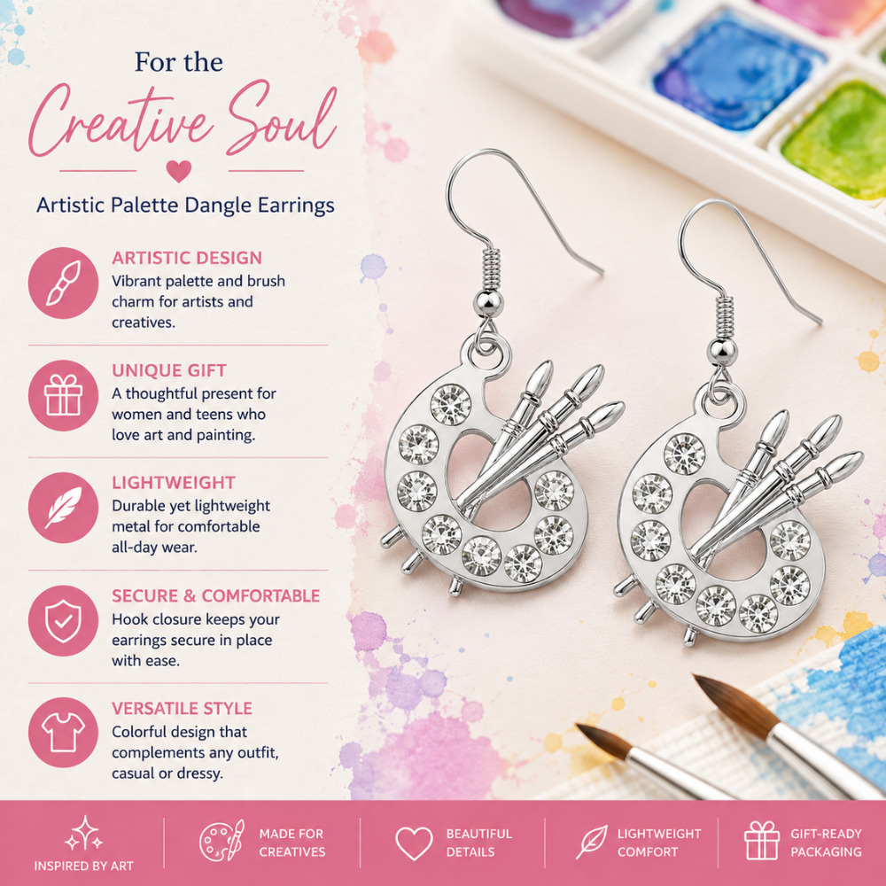Paint Palette Silver Dangle Charm Earrings
