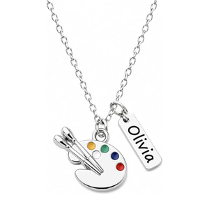 Personalized Artist Necklace – Custom Name Tag with Paint Palette & Brush Charm