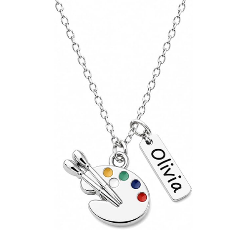 Personalized Artist Necklace – Custom Name Tag with Paint Palette & Brush Charm