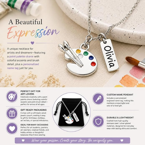 Personalized Artist Necklace – Custom Name Tag with Paint Palette & Brush Charm