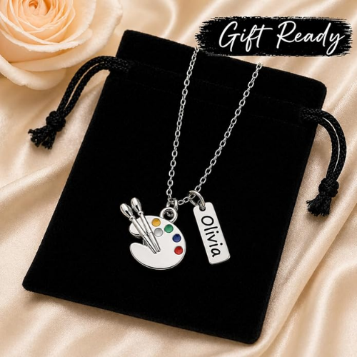 Personalized Artist Necklace – Custom Name Tag with Paint Palette & Brush Charm