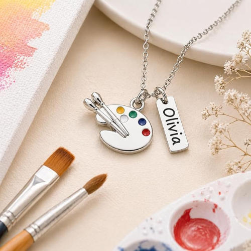 Personalized Artist Necklace – Custom Name Tag with Paint Palette & Brush Charm