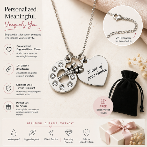 Personalized Artist Paint Palette Necklace with Custom Heart Engraved Name Charm