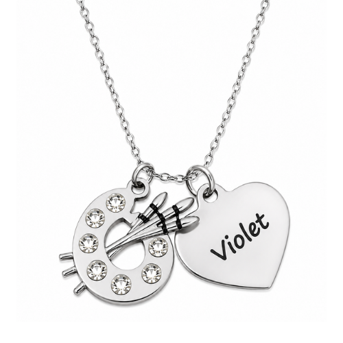 Personalized Artist Paint Palette Necklace with Custom Heart Engraved Name Charm