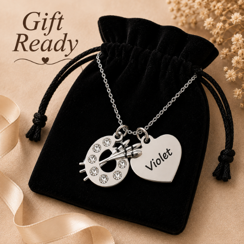 Personalized Artist Paint Palette Necklace with Custom Heart Engraved Name Charm