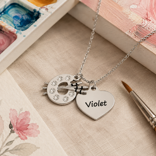 Personalized Artist Paint Palette Necklace with Custom Heart Engraved Name Charm