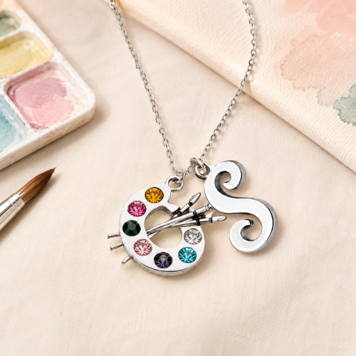 Personalized Colorful Artist Paint Palette Necklace with Custom Initial